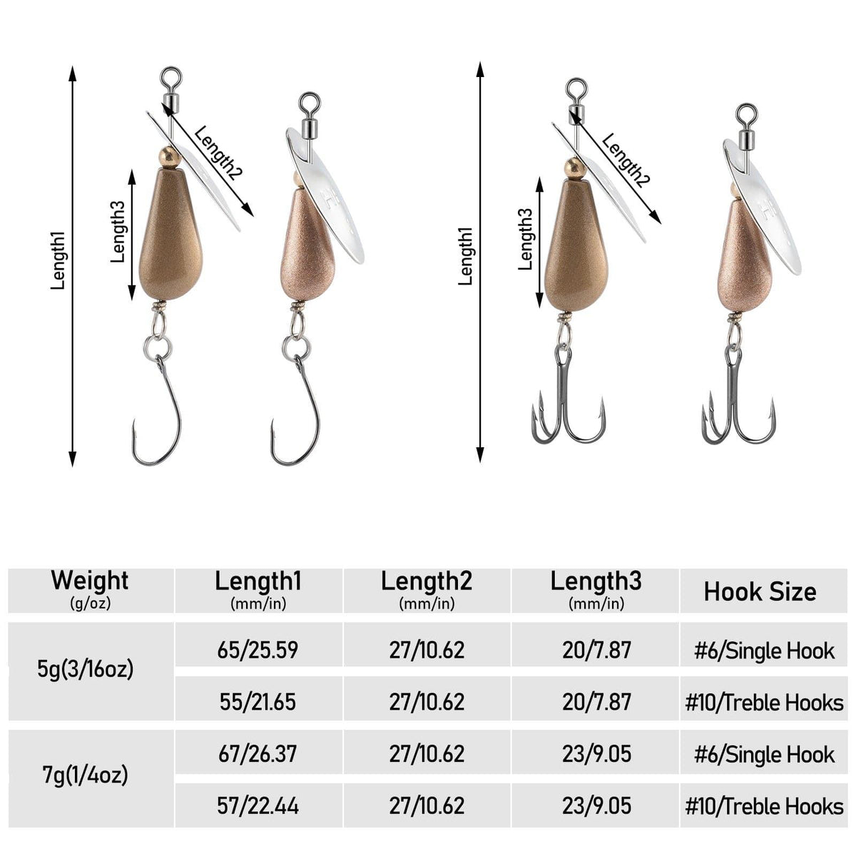 Dr.Fish 10pcs  Trout Spinner Lures  3/16-1/4oz  7.87-26.37'' - Dr.Fish Tackles