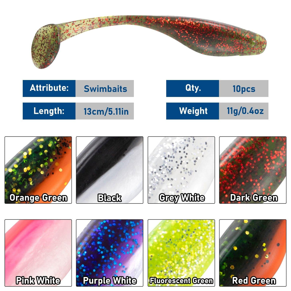 Dr.Fish 10pcs 8 Colors Flashing Glitter soft Baits 5.11'' 4oz - Dr.Fish Tackles