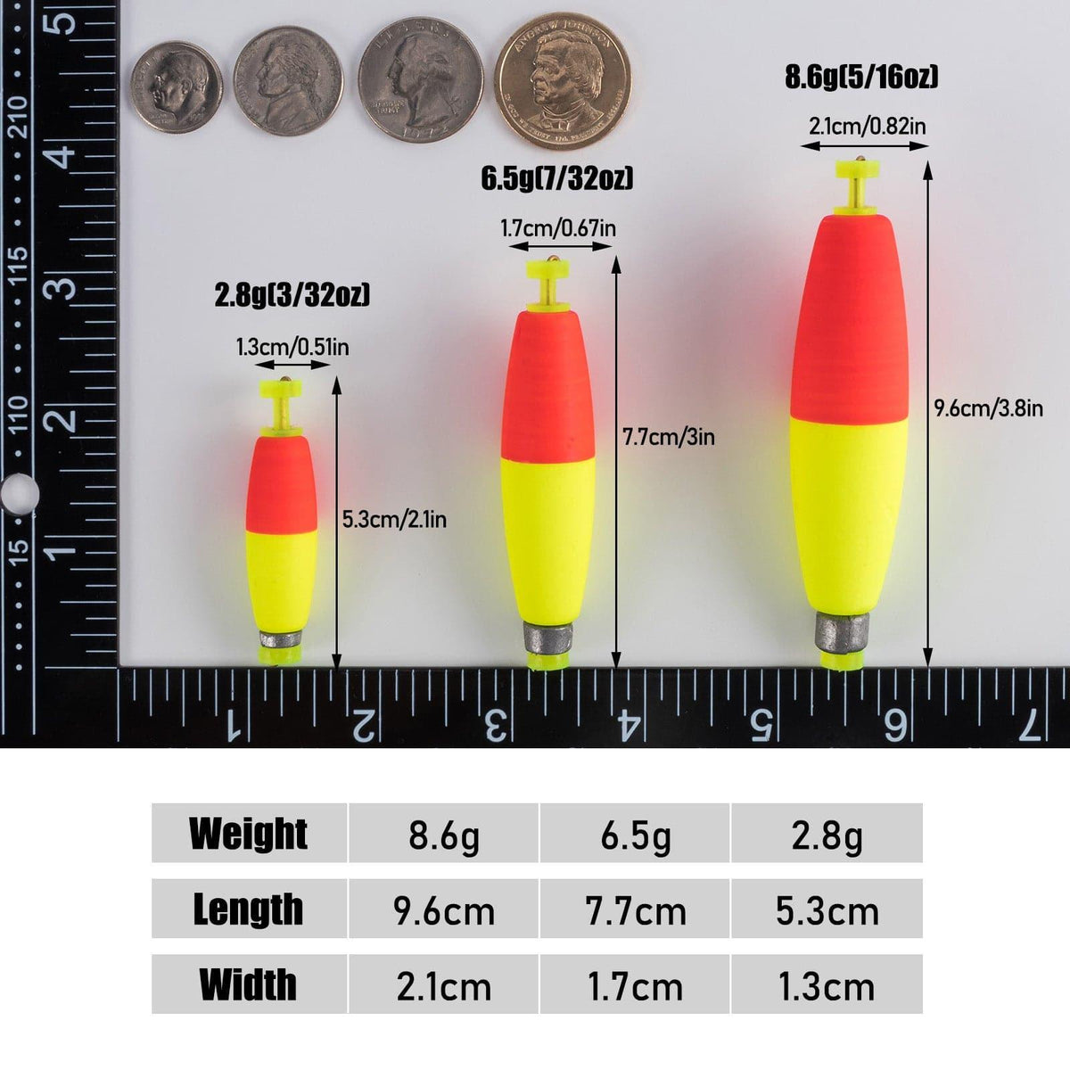 Dr.Fish 10pcs Cigar Shape Fishing Float 3/32-3/10oz,2-3.8''