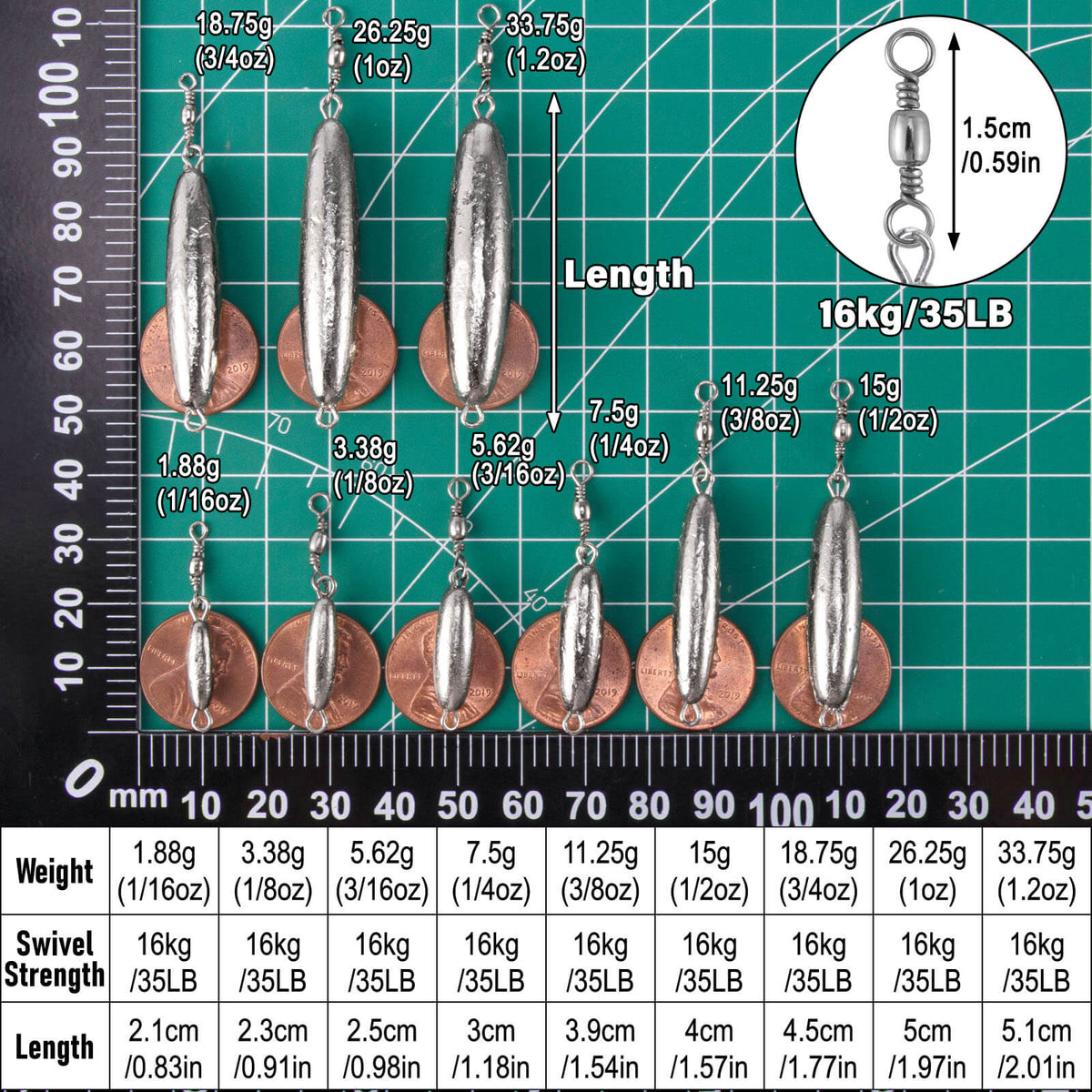 Dr.Fish 10pcs Trolling Sinkers with Swivel 1/16oz-1.2oz