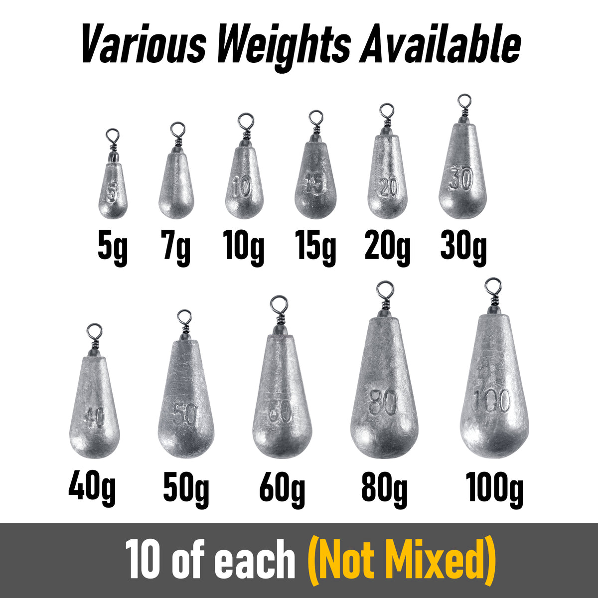 Dr.Fish 10pcs Fishing Pear Weight Sets 5g-100g