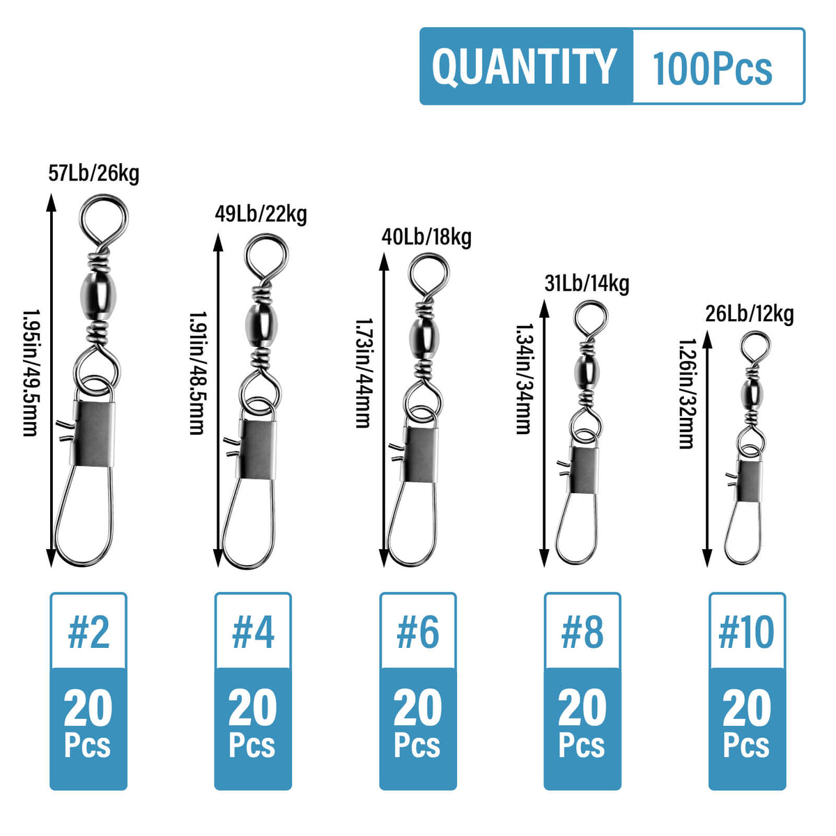 Dr.Fish 100/150/200pcs Barrel Swivels Kits 26-57lb