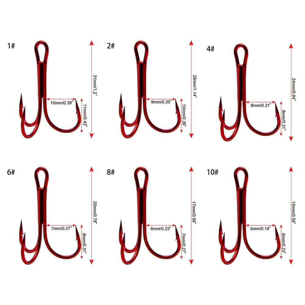 Dr.Fish 60pcs Treble Hooks Red #10 to #1 - Dr.Fish Tackles