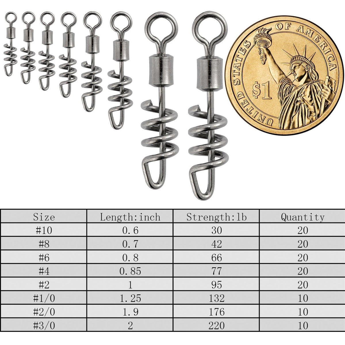 Dr.Fish 10/20pcs Corkscrew Swivels Snaps 42-220lb - Dr.Fish Tackles