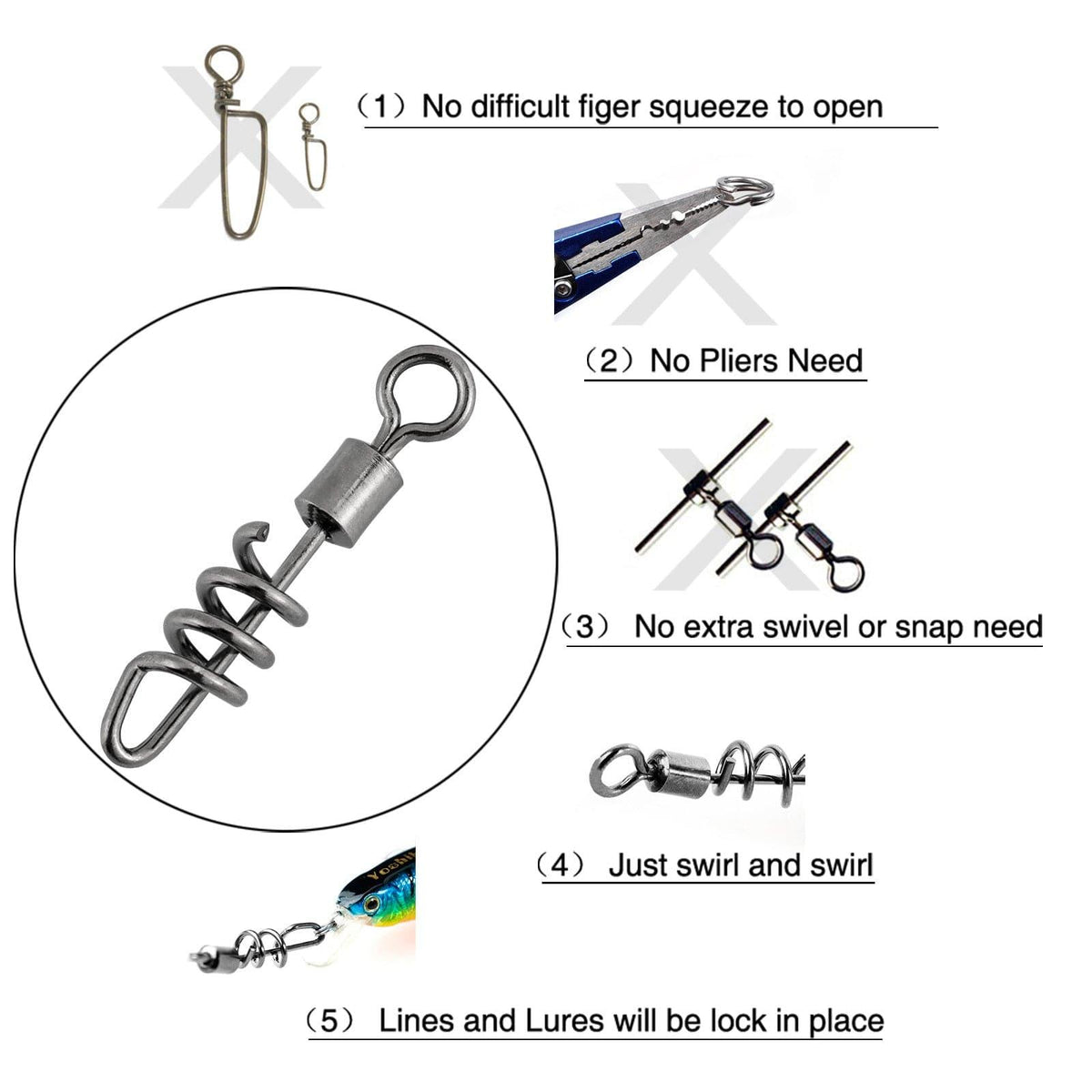 Dr.Fish 10/20pcs Corkscrew Swivels Snaps 42-220lb - Dr.Fish Tackles