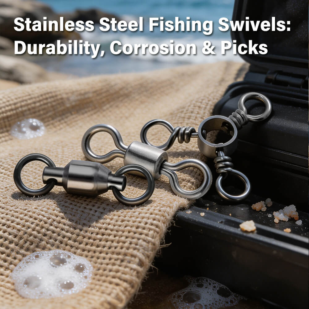 Stainless steel fishing swivels on beach burlap, offshore fishing tackle