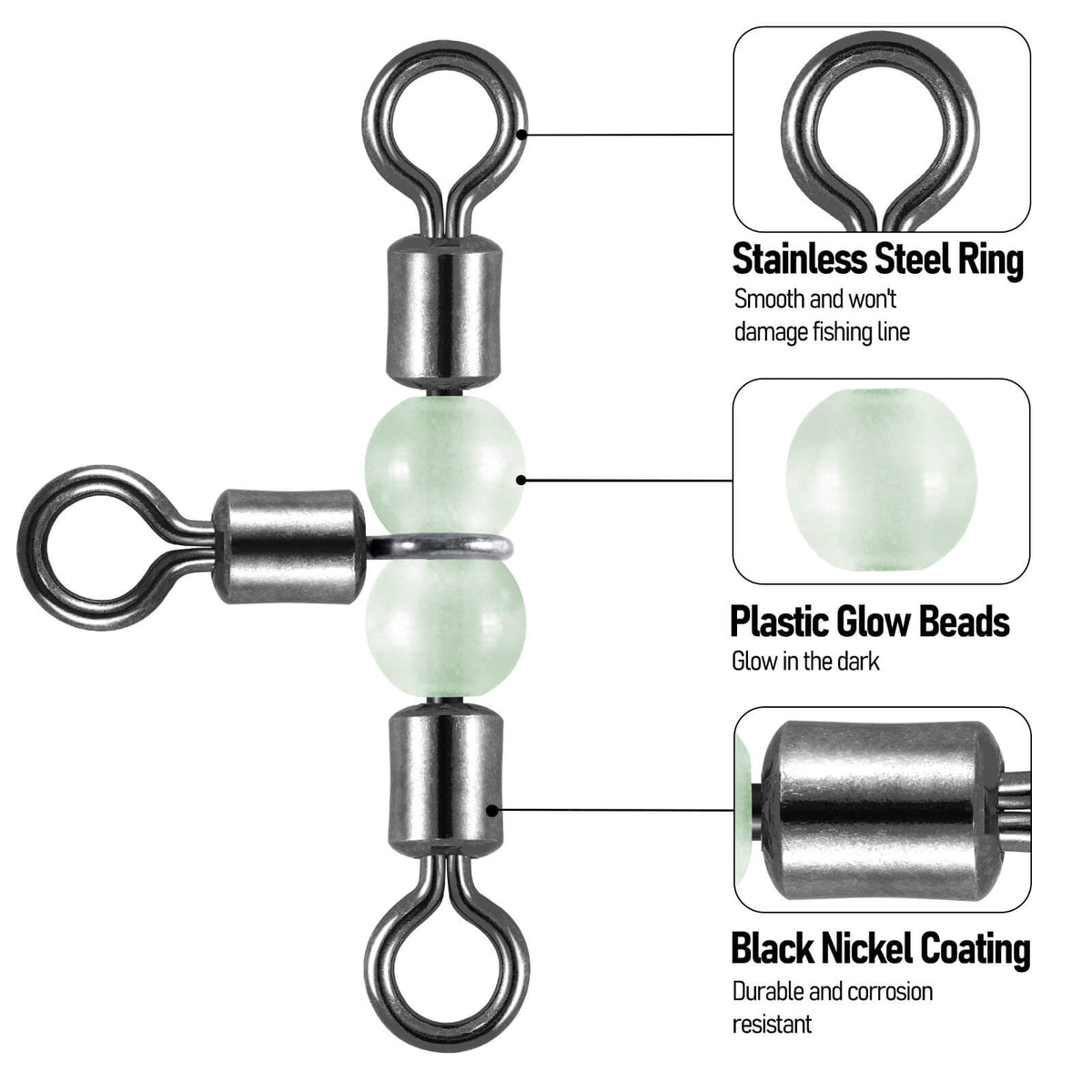 Dr.Fish 20pcs 3-Way Barrel Swivels with Glow Beads 18-126lb