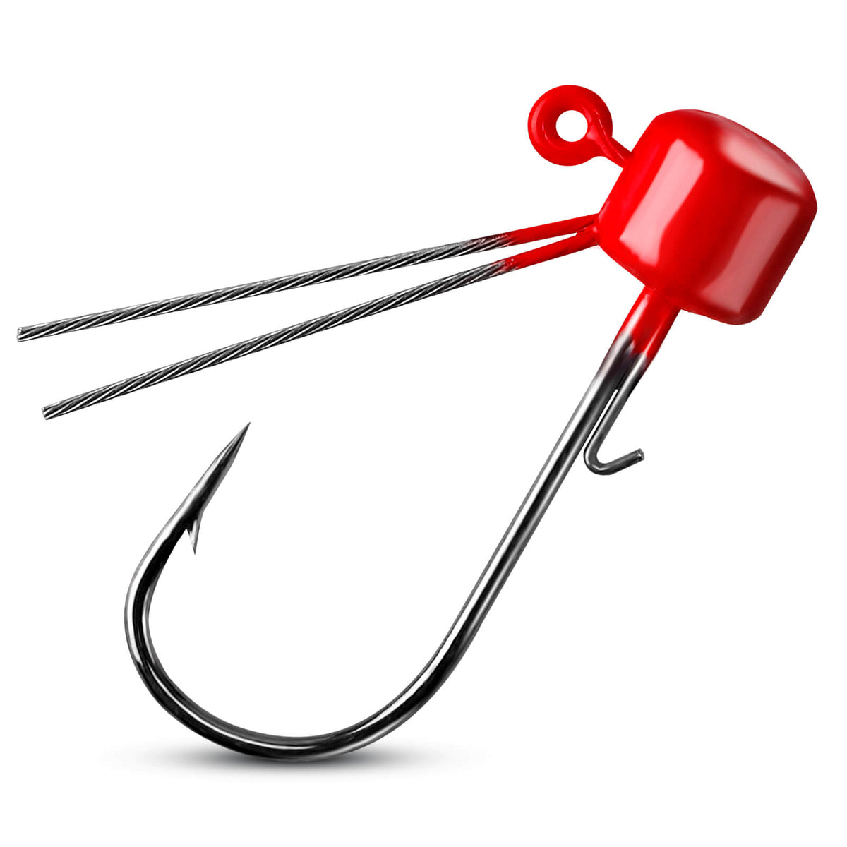 Red fishing lure with a sharp hook on a white background