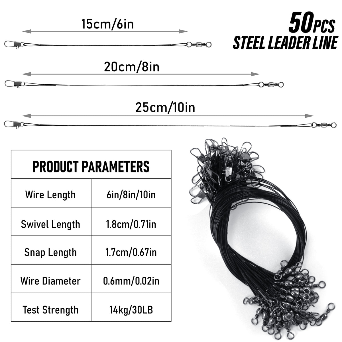 Dr.Fish 50pcs Stainless Steel Wire Leader 40lb 15-25cm