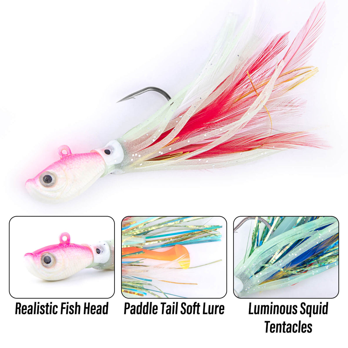 Dr.Fish 3pcs Bucktail Squid Jig Heads 1oz