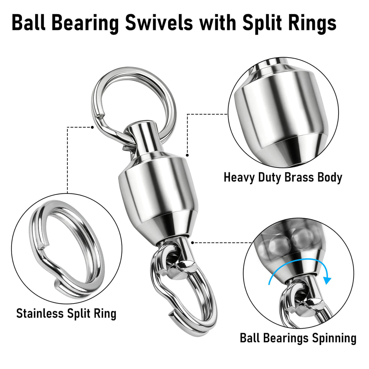 Ball bearing swivels features brass body stainless split rings smooth spin