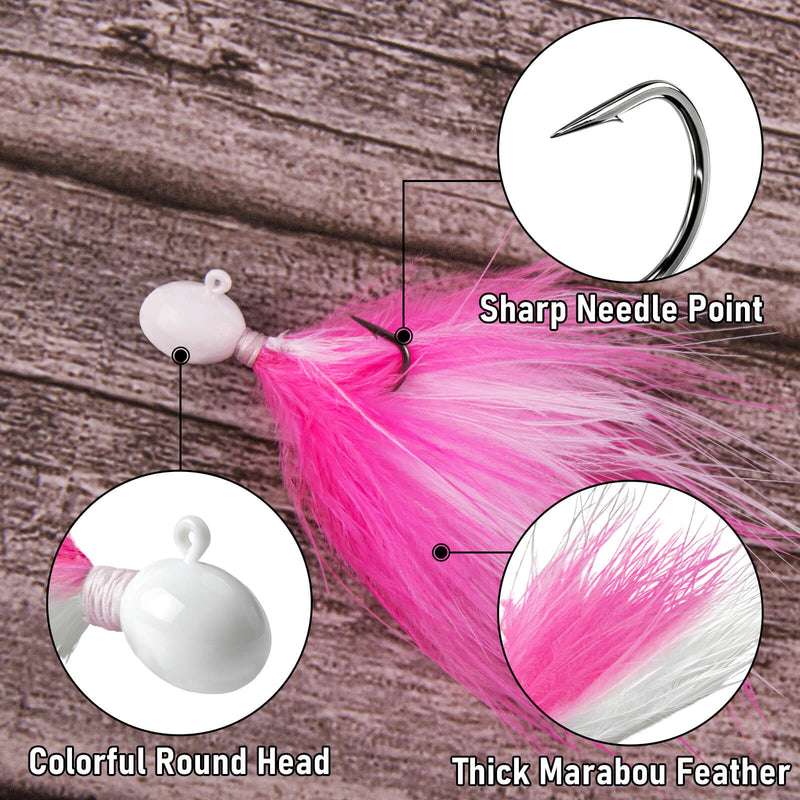Close-up of marabou feathers and barbed hook on a Dr.Fish fishing jig
