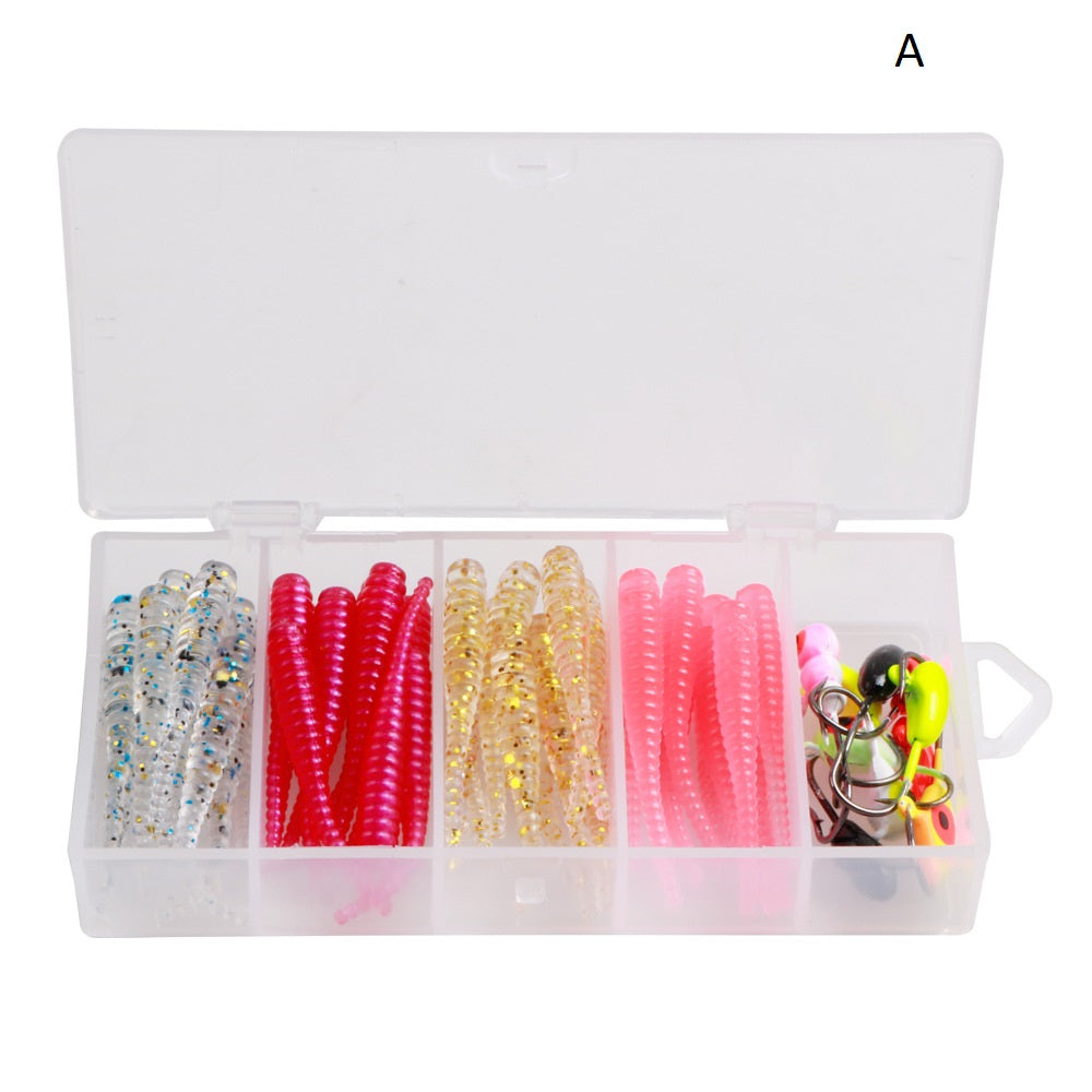 Dr.Fish 50pcs Worm Soft Plastic Lures Kit with Jig