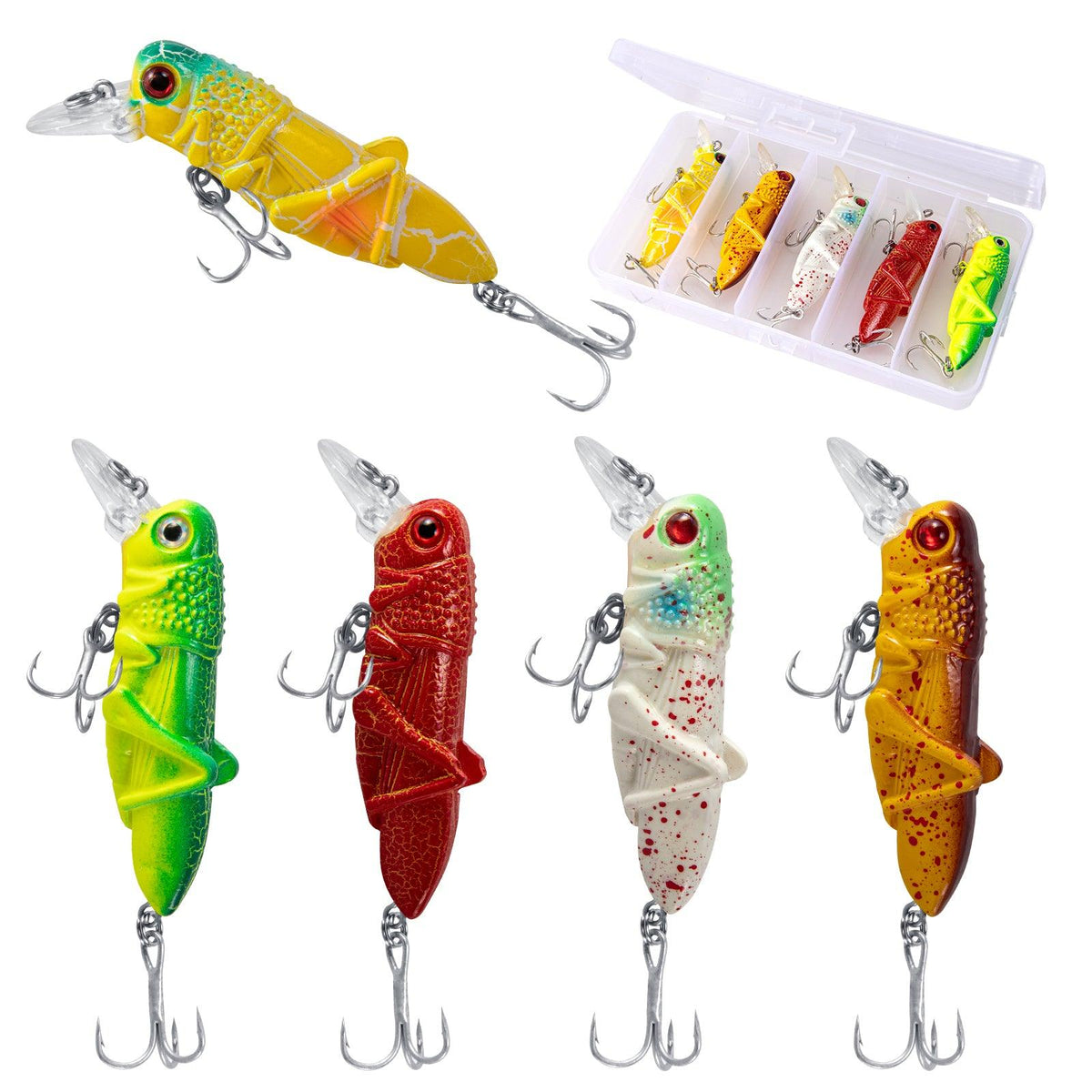 Dr.Fish 5pcs Grasshopper Crankbait Topwater Fishing Lures 2.87-3.85’‘ 0.14-0.35oz - Dr.Fish Tackles