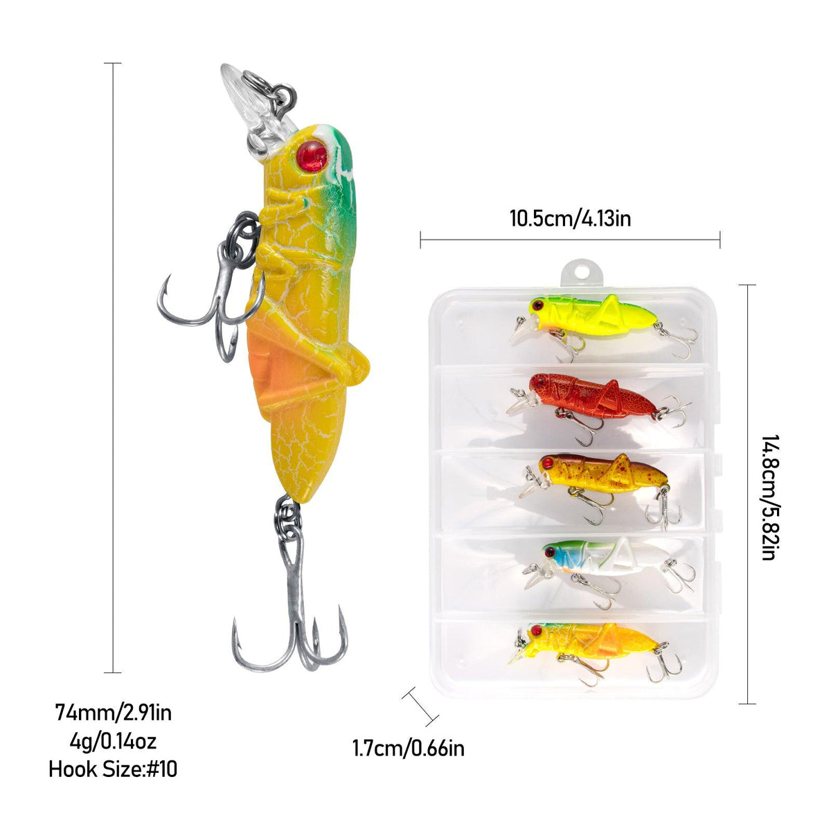 Dr.Fish 5pcs Grasshopper Crankbait Topwater Fishing Lures 2.87-3.85’‘ 0.14-0.35oz - Dr.Fish Tackles