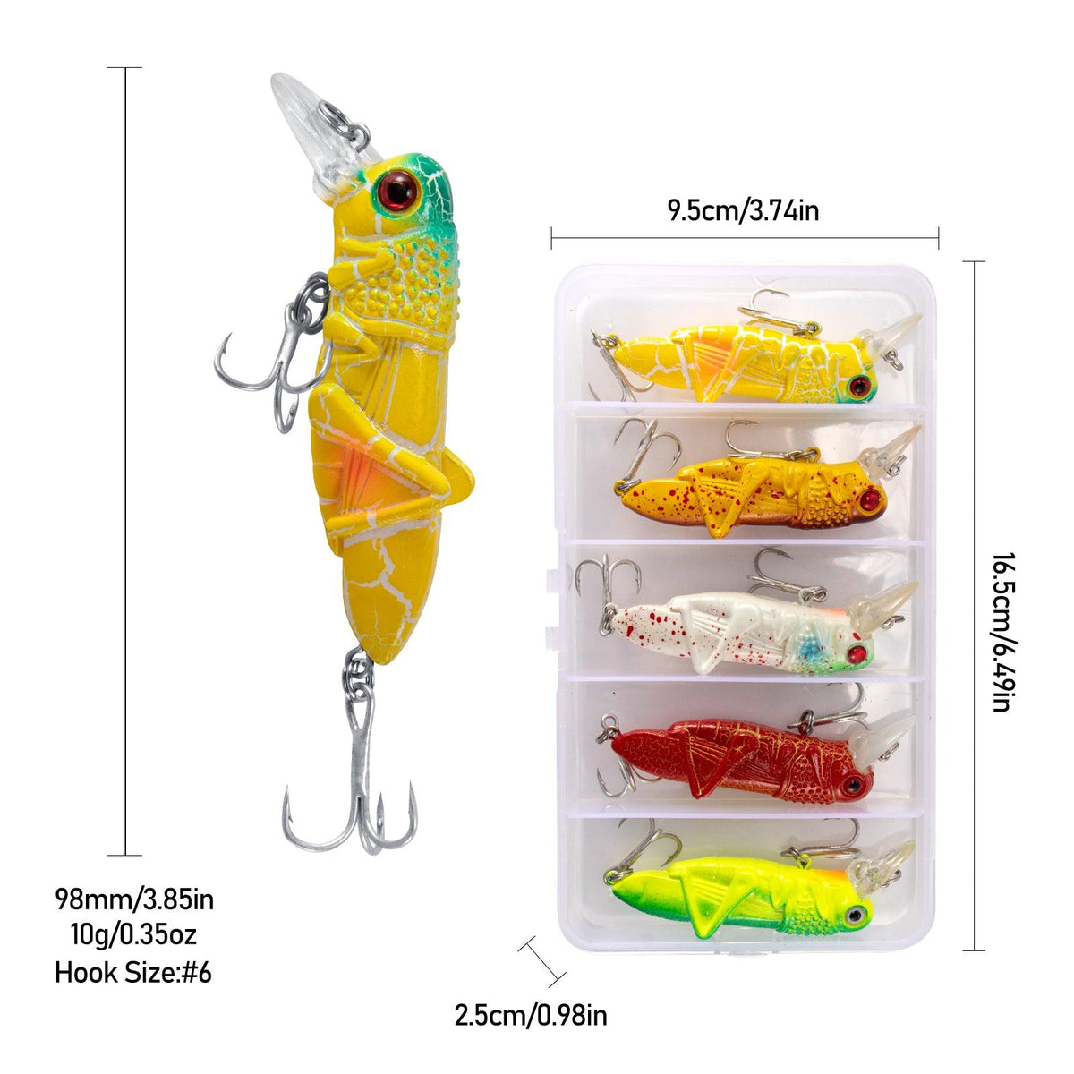 Dr.Fish 5pcs Grasshopper Crankbait Topwater Fishing Lures 2.87-3.85’‘ 0.14-0.35oz - Dr.Fish Tackles