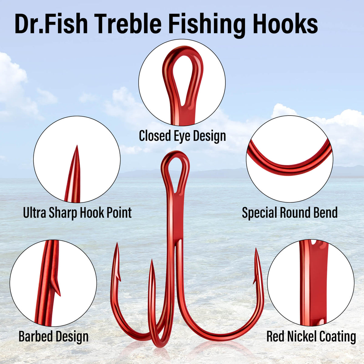 Dr.Fish 50pcs Red High Carbon Steel Treble Hooks