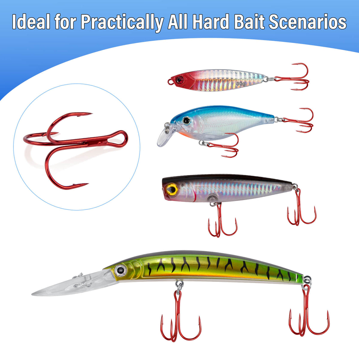 Dr.Fish 50pcs Red High Carbon Steel Treble Hooks