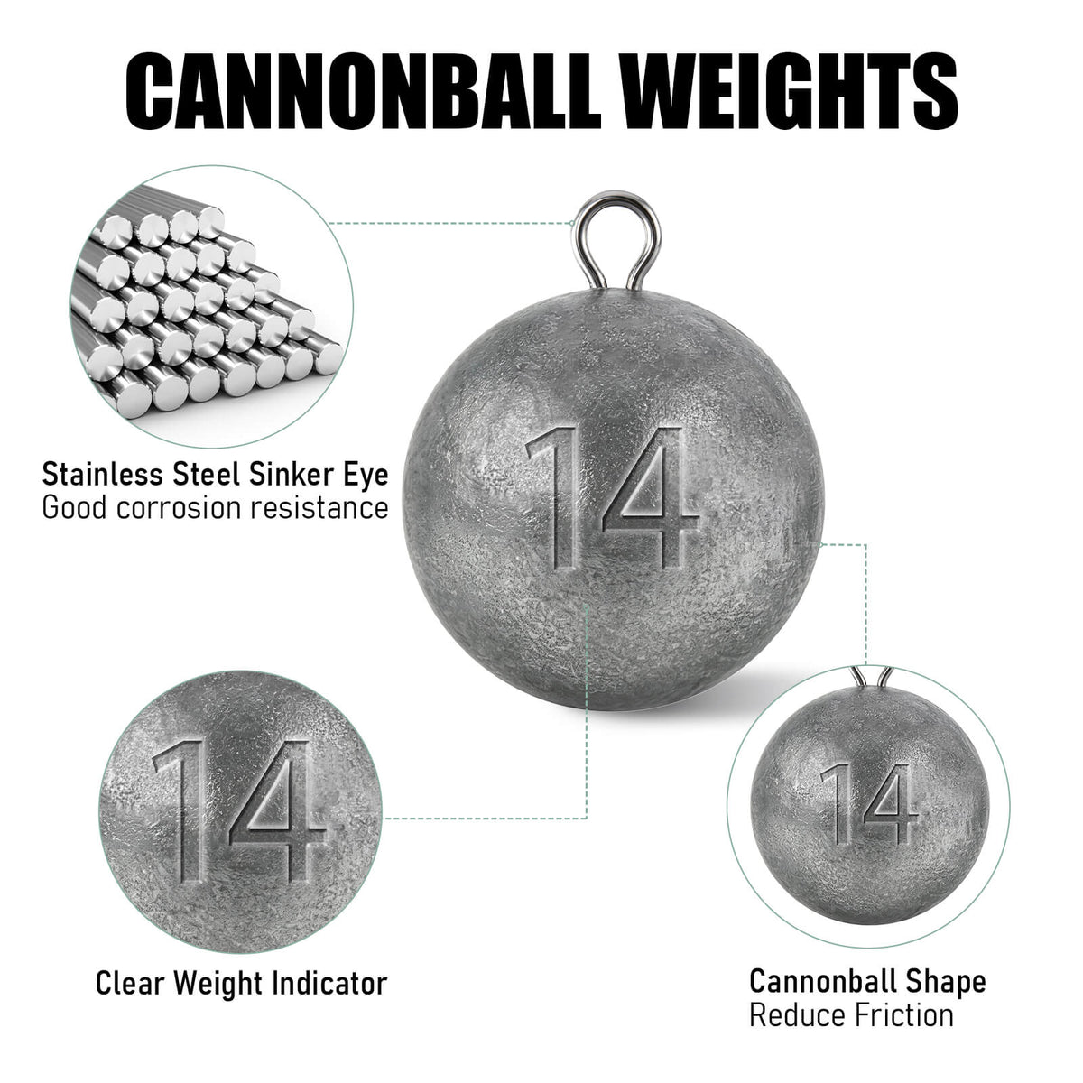 Dr.Fish cannonball sinker features stainless steel eye fast sink