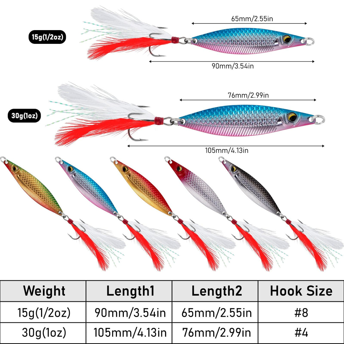 Dr.Fish 5pcs Metal Roostertail Spoon Lures 15/30g