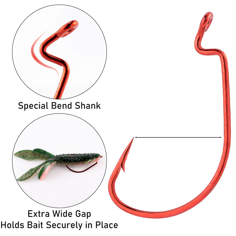 Dr.Fish 100pcs Red Offset Shank Worm Hooks #6-#5/0
