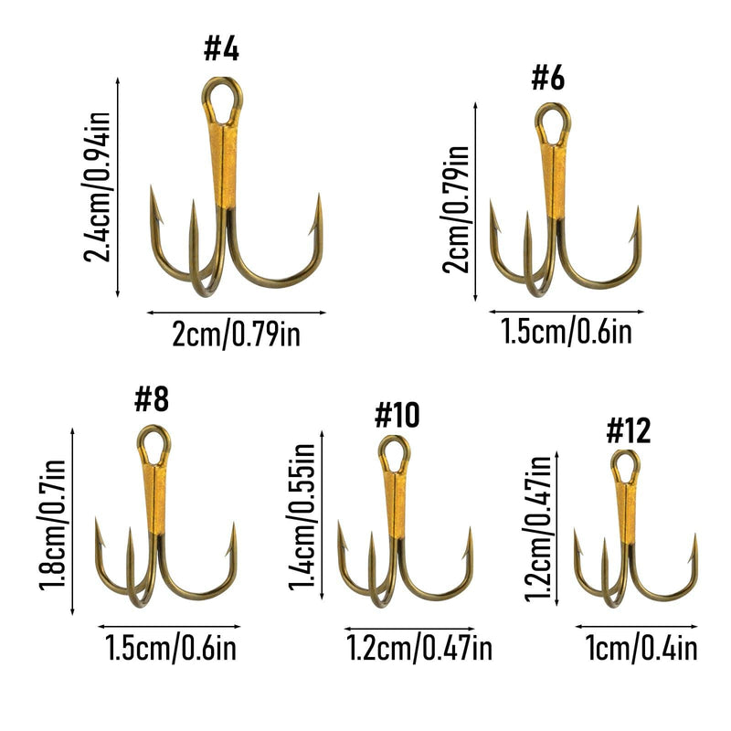 Dr.Fish 100pcs Barbed Treble Hooks #12 to #4