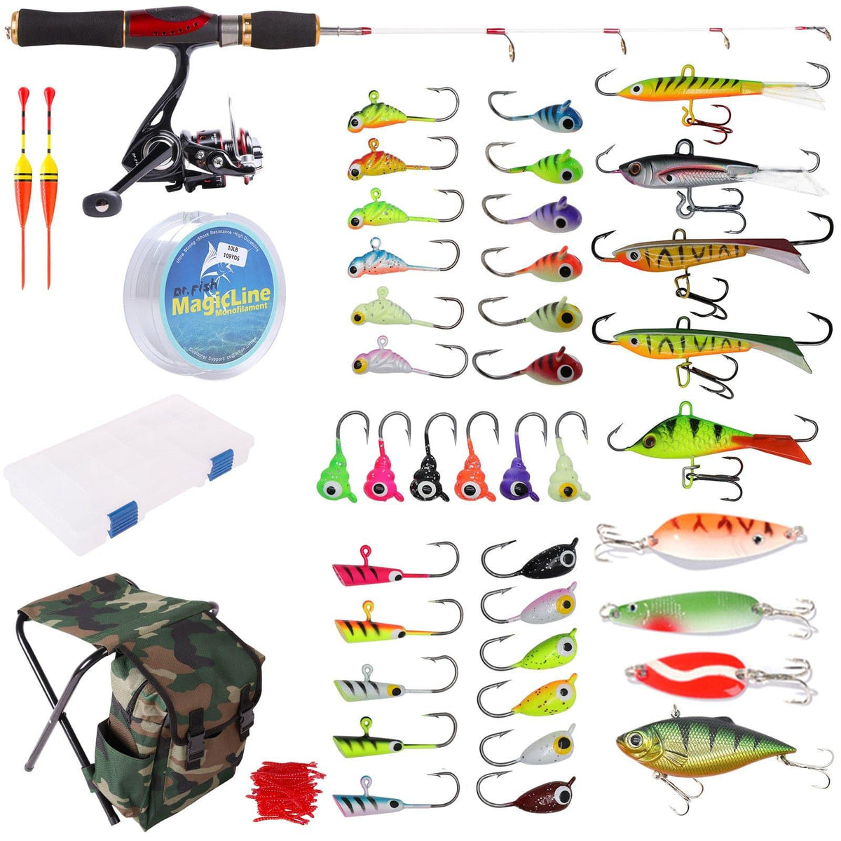 Ice Fishing Combo Rod and Reel Combo with Lures Jigs 94pcs for Sale with Backpack Stool